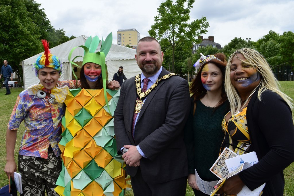 The Mayor poses at a previous Kentish Town Carnival. Photo: Tom Kihl