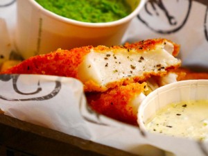 Deeply earth mushy peas: refreshing with perfectly-fried catch of the day