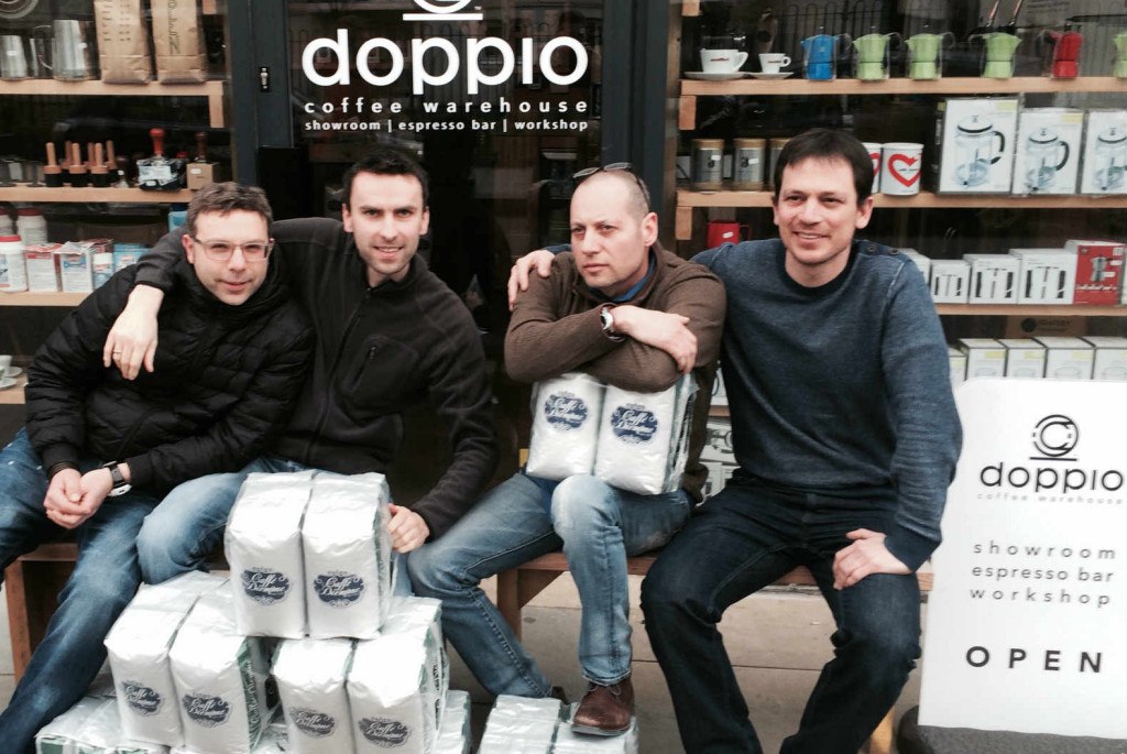 Doppio: Arik (second right) and his co-owners perch on Kentish Town Road. 