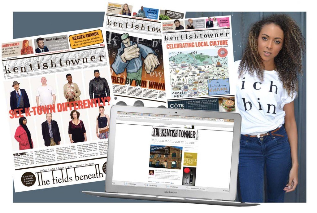 Left to right: the first three print issues, a screenshot of the blog with the old masthead, and a model in our Ich Bin t-shirt. Image: LBTM