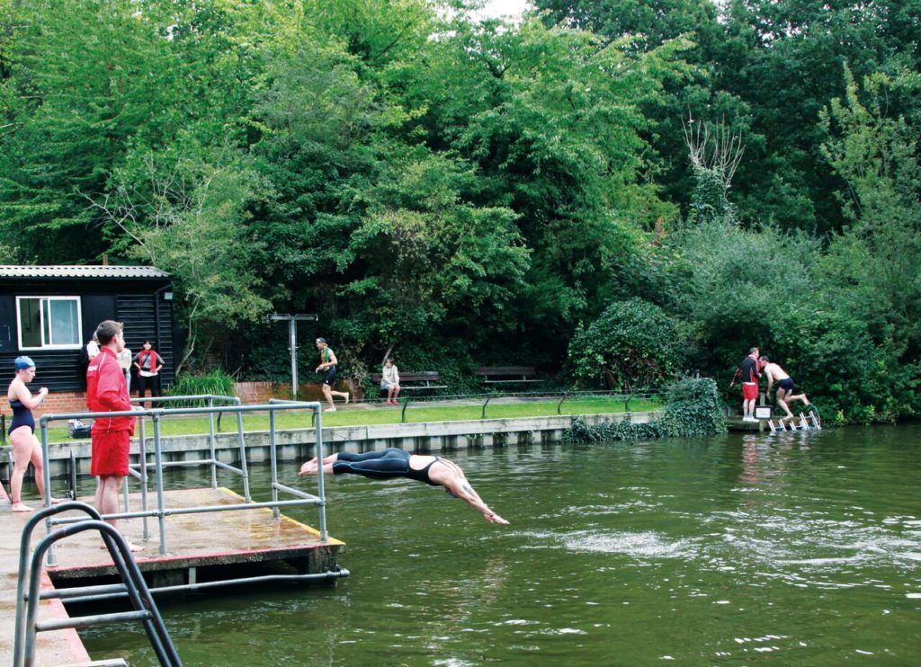 People diving into Hampstead Heath pond